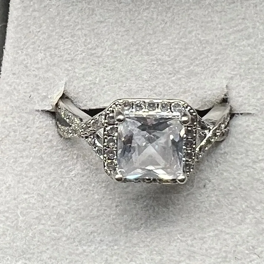Princess Cut Solitaire Engagement Ring -Sterling Silver- Cubic Zirconia Sz 7